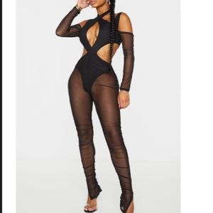 Prettylittlething Shape Black Mesh Halterneck Cutout Jumpsuit